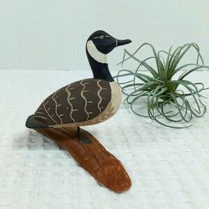 Vintage Handcrafted Miniature Wooden Goose Figurine - Black and Brown